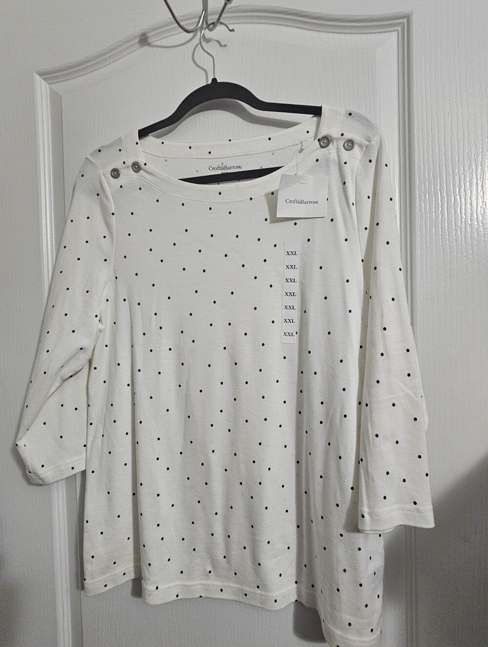 Croft & Barrow Women Polka Dot 3/4 Sleeve Boat Neck T-Shirt Black White XXL New